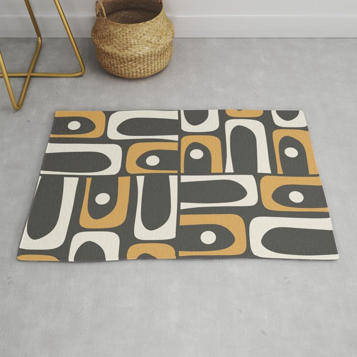 Mid Century Modern Piquet Retro Abstract Multi Pattern in Charcoal Gray, Muted Mustard Gold, and Cream Rug Gallery Image 1