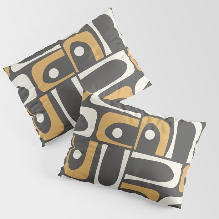 Mid Century Modern Piquet Retro Abstract Multi Pattern in Charcoal Gray, Muted Mustard Gold, and Cream Pillow Sham Gallery Image 1