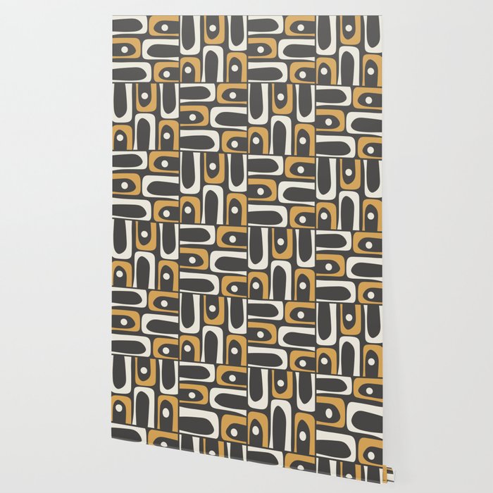 Mid Century Modern Piquet Retro Abstract Multi Pattern in Charcoal Gray, Muted Mustard Gold, and Cream Wallpaper Gallery Image 2