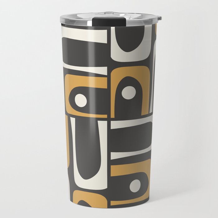 Mid Century Modern Piquet Retro Abstract Multi Pattern in Charcoal Gray, Muted Mustard Gold, and Cream Travel Mug Gallery Image 1