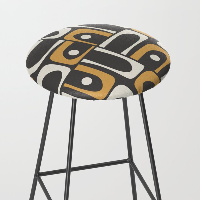 Mid Century Modern Piquet Retro Abstract Multi Pattern in Charcoal Gray, Muted Mustard Gold, and Cream Stool Gallery Image 2