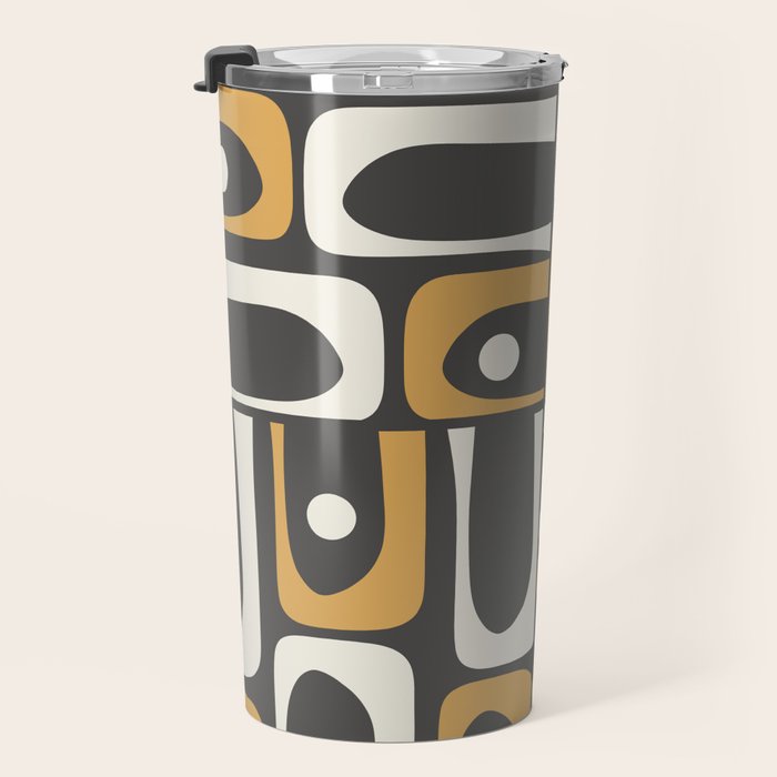 Mid Century Modern Piquet Retro Abstract Multi Pattern in Charcoal Gray, Muted Mustard Gold, and Cream Travel Mug Gallery Image 3