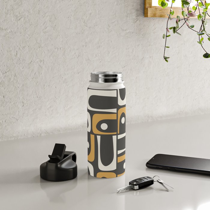 Mid Century Modern Piquet Retro Abstract Multi Pattern in Charcoal Gray, Muted Mustard Gold, and Cream Water Bottle Gallery Image 4