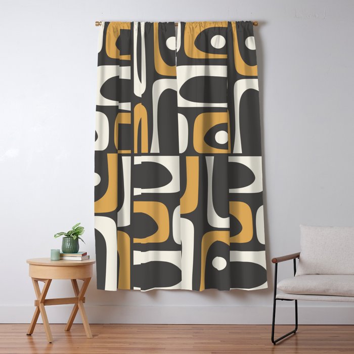 Mid Century Modern Piquet Retro Abstract Multi Pattern in Charcoal Gray, Muted Mustard Gold, and Cream Window Curtain Gallery Image 5