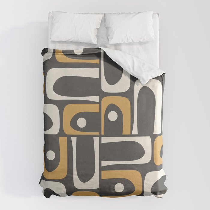Mid Century Modern Piquet Retro Abstract Multi Pattern in Charcoal Gray, Muted Mustard Gold, and Cream Duvet Cover Gallery Image 6