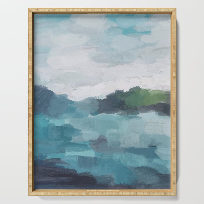 Island in the Distance I - Aqua Blue Green Abstract Art Painting Serving Tray Gallery Image 1