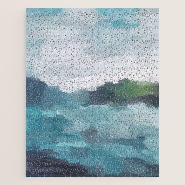 Island in the Distance I - Aqua Blue Green Abstract Art Painting Jigsaw Puzzle Gallery Image 1