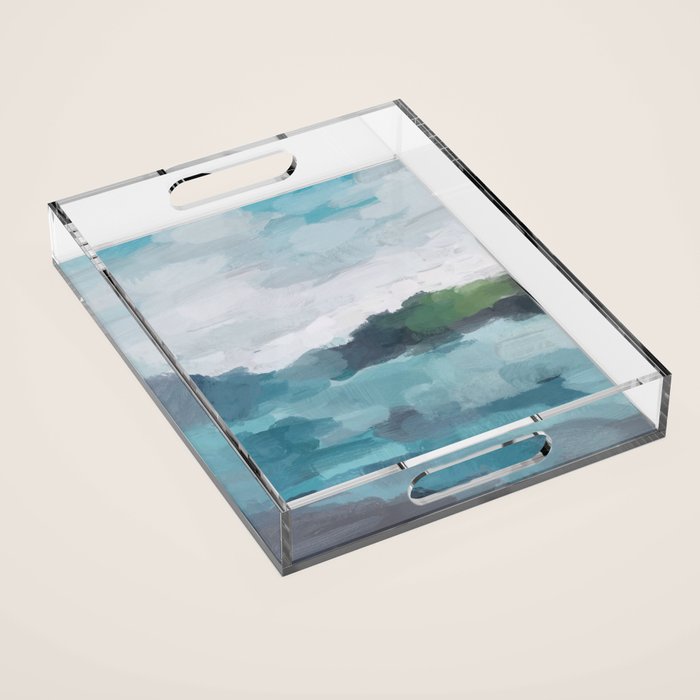 Island in the Distance I - Aqua Blue Green Abstract Art Painting Acrylic Tray Gallery Image 1