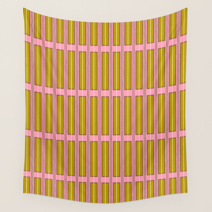 Eclectic Geometric Geo Box Striped Pattern in Pink Chartreuse Brown Cream Wall Tapestry Gallery Image 4
