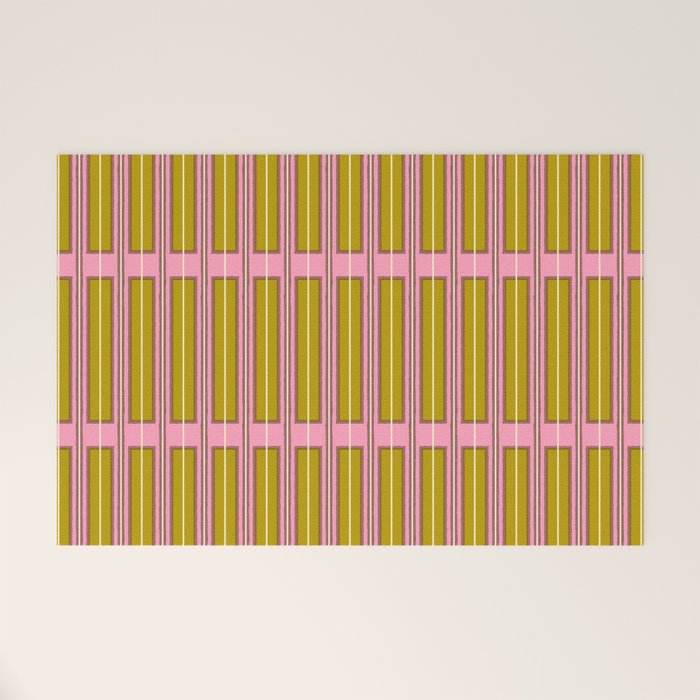 Eclectic Geometric Geo Box Striped Pattern in Pink Chartreuse Brown Cream Welcome Mat Gallery Image 1