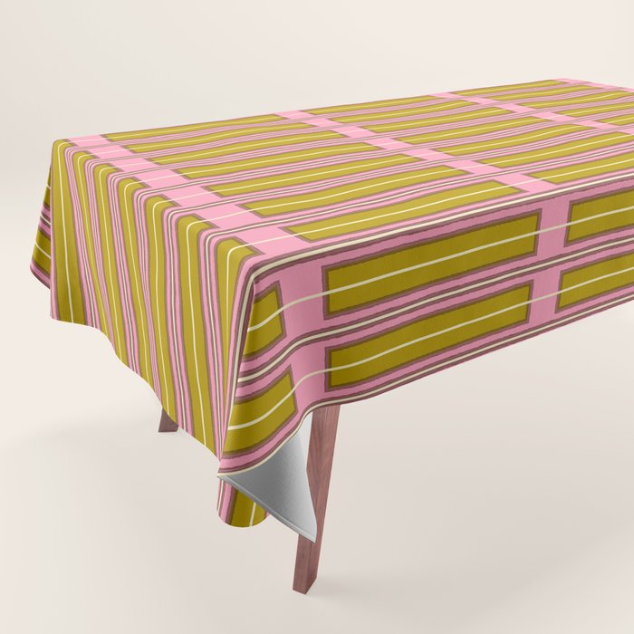 Eclectic Geometric Geo Box Striped Pattern in Pink Chartreuse Brown Cream Tablecloth Gallery Image 1