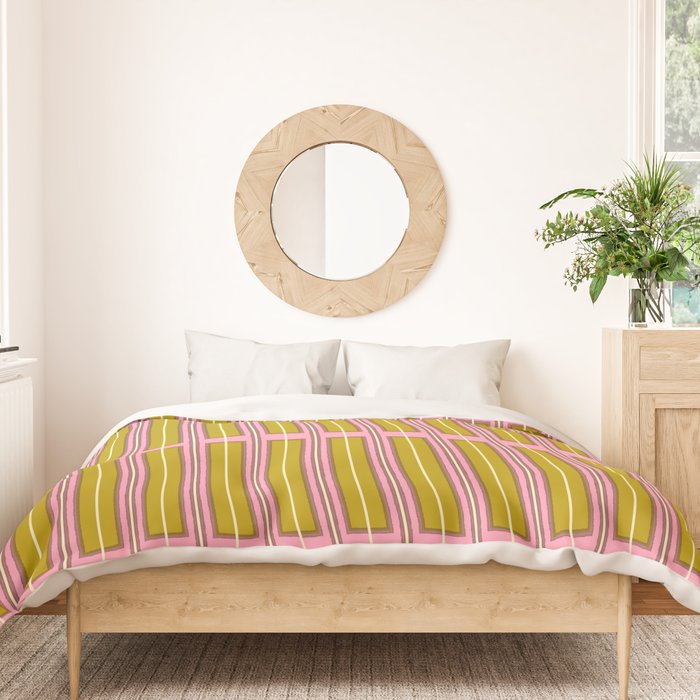 Eclectic Geometric Geo Box Striped Pattern in Pink Chartreuse Brown Cream Duvet Cover Gallery Image 3