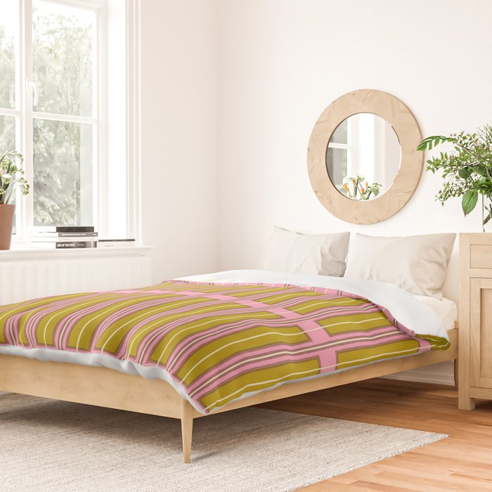 Eclectic Geometric Geo Box Striped Pattern in Pink Chartreuse Brown Cream Duvet Cover Gallery Image 2