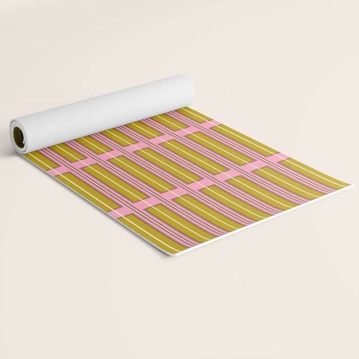 Eclectic Geometric Geo Box Striped Pattern in Pink Chartreuse Brown Cream Yoga Mat Gallery Image 2