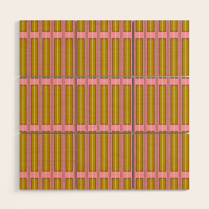 Eclectic Geometric Geo Box Striped Pattern in Pink Chartreuse Brown Cream Wood Wall Art Gallery Image 1