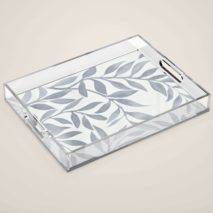 Japandi Calm Neutral Blue Grey Leaf Pattern Acrylic Tray Gallery Image 1