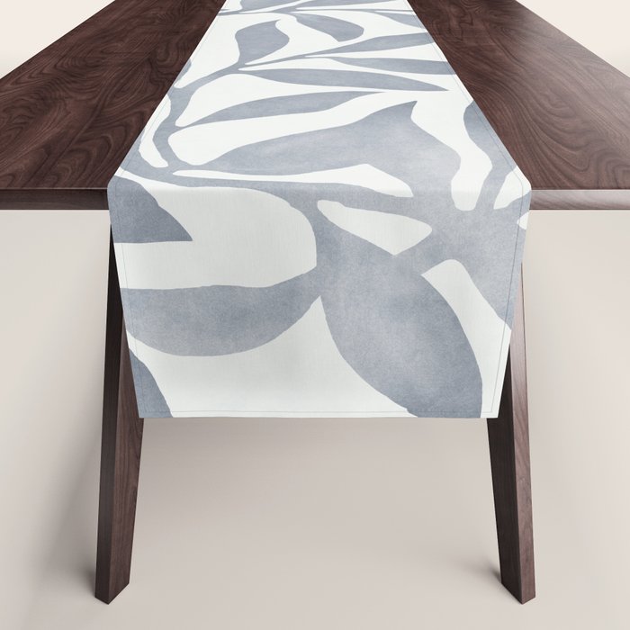 Japandi Calm Neutral Blue Grey Leaf Pattern Table Runner Gallery Image 1