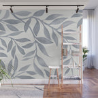 Japandi Calm Neutral Blue Grey Leaf Pattern Wall Mural Gallery Image 1