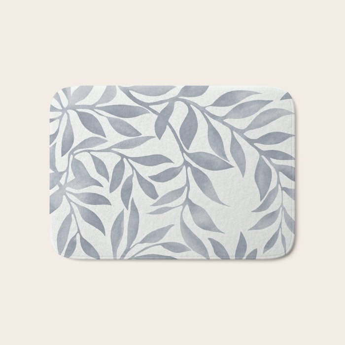 Japandi Calm Neutral Blue Grey Leaf Pattern Bath Mat Gallery Image 1