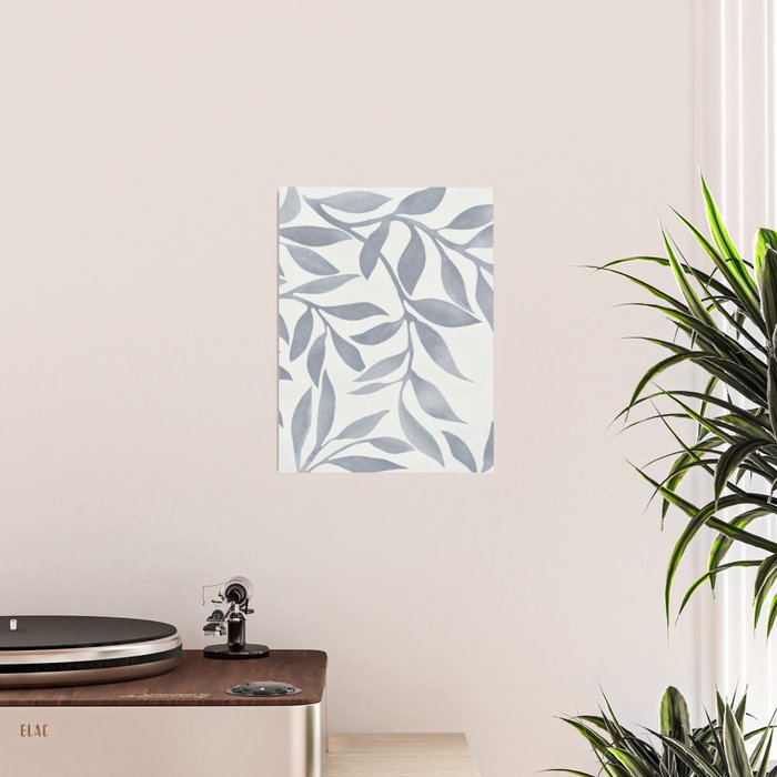 Japandi Calm Neutral Blue Grey Leaf Pattern Poster Gallery Image 2