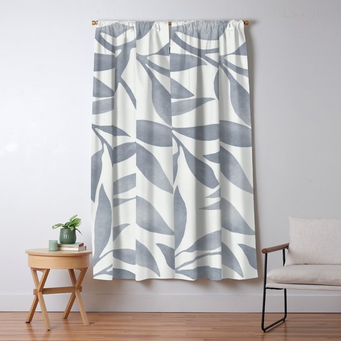 Japandi Calm Neutral Blue Grey Leaf Pattern Window Curtain Gallery Image 1