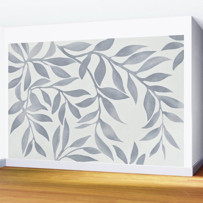 Japandi Calm Neutral Blue Grey Leaf Pattern Wall Mural Gallery Image 2