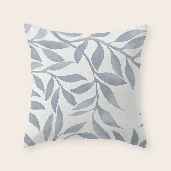 Japandi Calm Neutral Blue Grey Leaf Pattern Throw Pillow Gallery Image 1