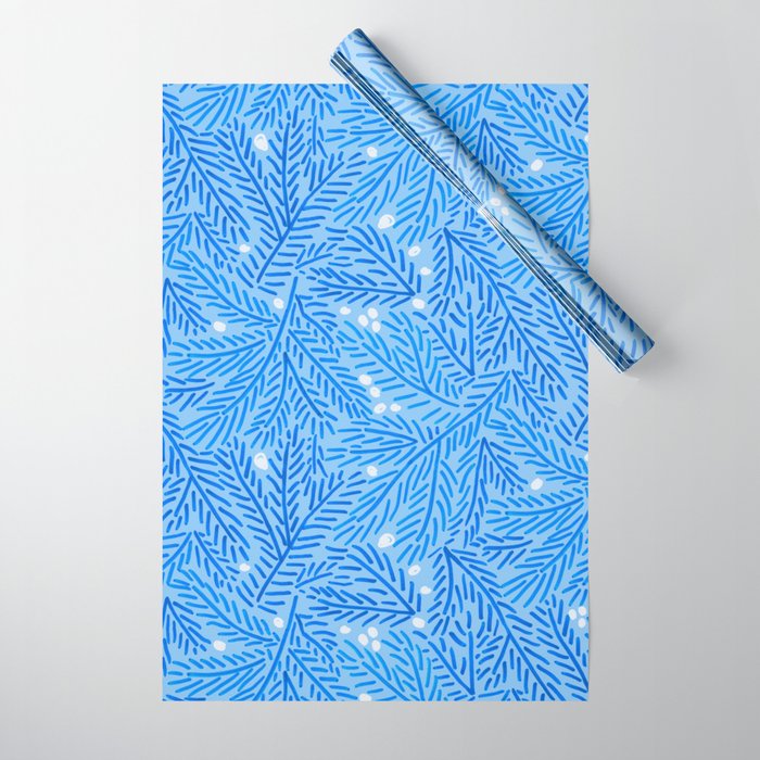 Winter Berries & Pine Branches in Blue Wrapping Paper Gallery Image 1