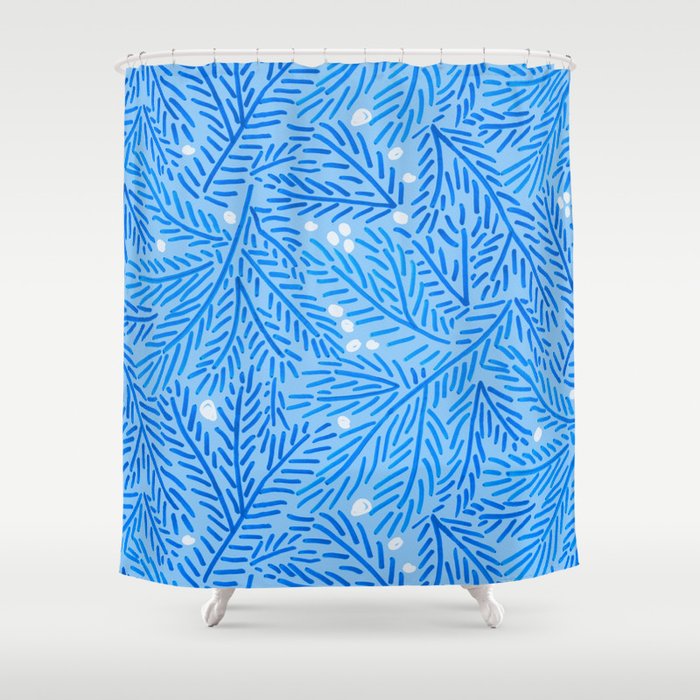 Winter Berries & Pine Branches in Blue Shower Curtain Gallery Image 1
