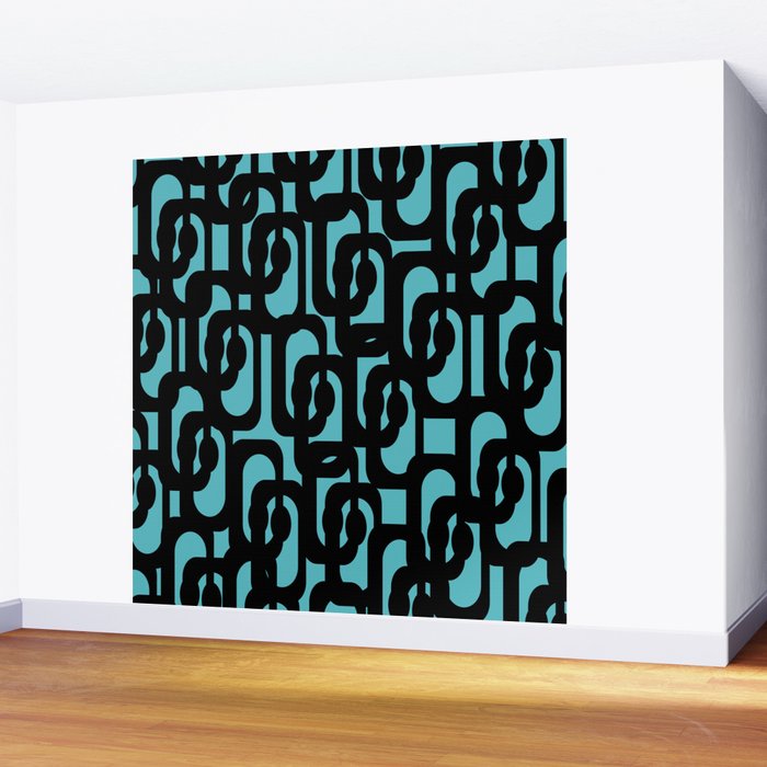 Mid Century Modern Turquoise and Black Loop Pattern Wall Mural Gallery Image 2