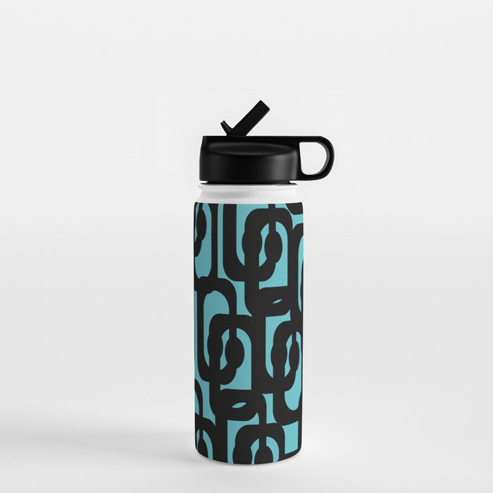 Mid Century Modern Turquoise and Black Loop Pattern Water Bottle Gallery Image 1