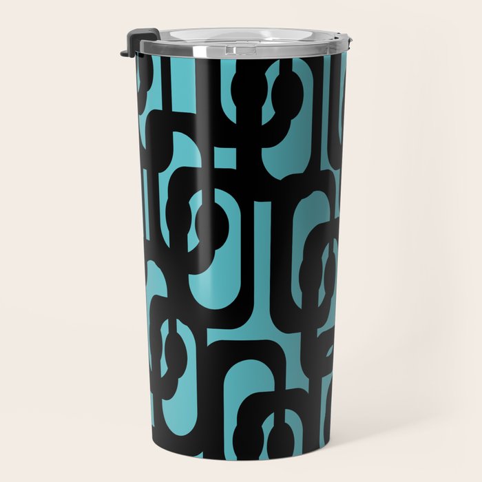 Mid Century Modern Turquoise and Black Loop Pattern Travel Mug Gallery Image 3