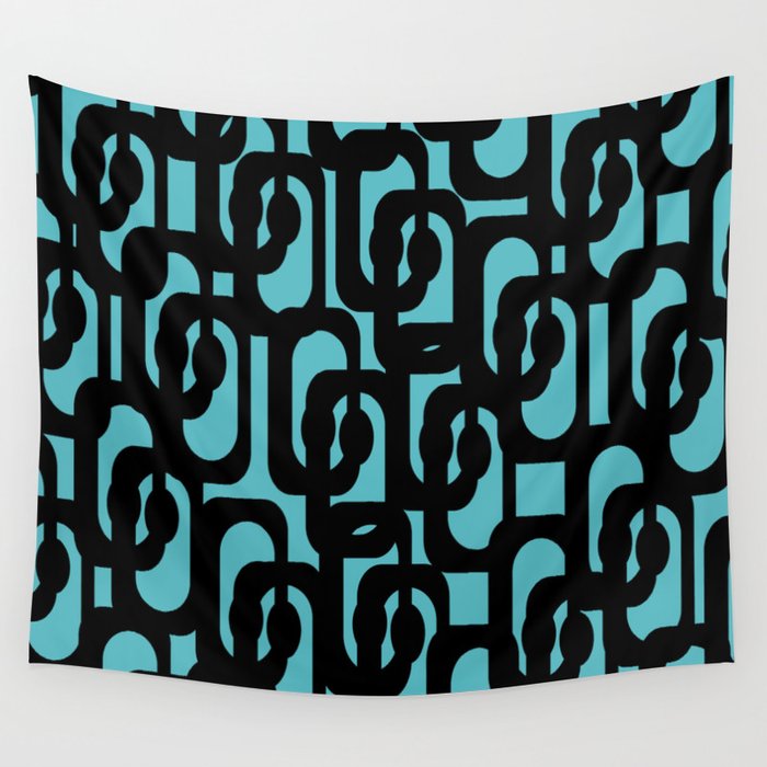 Mid Century Modern Turquoise and Black Loop Pattern Wall Tapestry Gallery Image 1