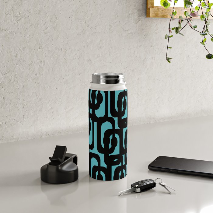 Mid Century Modern Turquoise and Black Loop Pattern Water Bottle Gallery Image 4