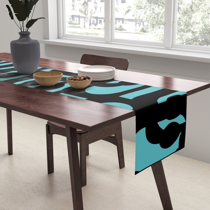 Mid Century Modern Turquoise and Black Loop Pattern Table Runner Gallery Image 2