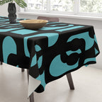 Mid Century Modern Turquoise and Black Loop Pattern Tablecloth Gallery Image 3
