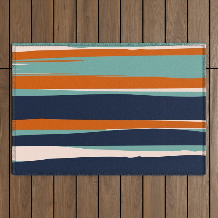Stripes Abstract, Orange, Teal, Navy Outdoor Rug Gallery Image 1