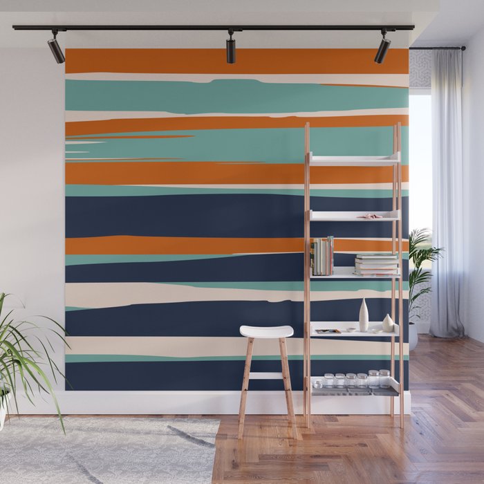 Stripes Abstract, Orange, Teal, Navy Wall Mural Gallery Image 1