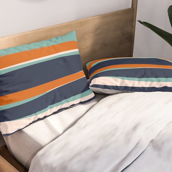 Stripes Abstract, Orange, Teal, Navy Pillow Sham Gallery Image 2