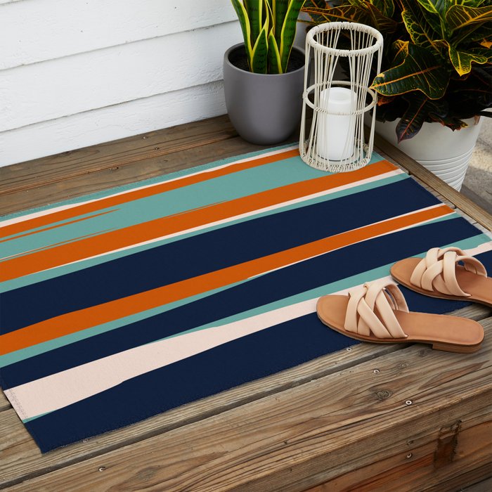 Stripes Abstract, Orange, Teal, Navy Outdoor Rug Gallery Image 2