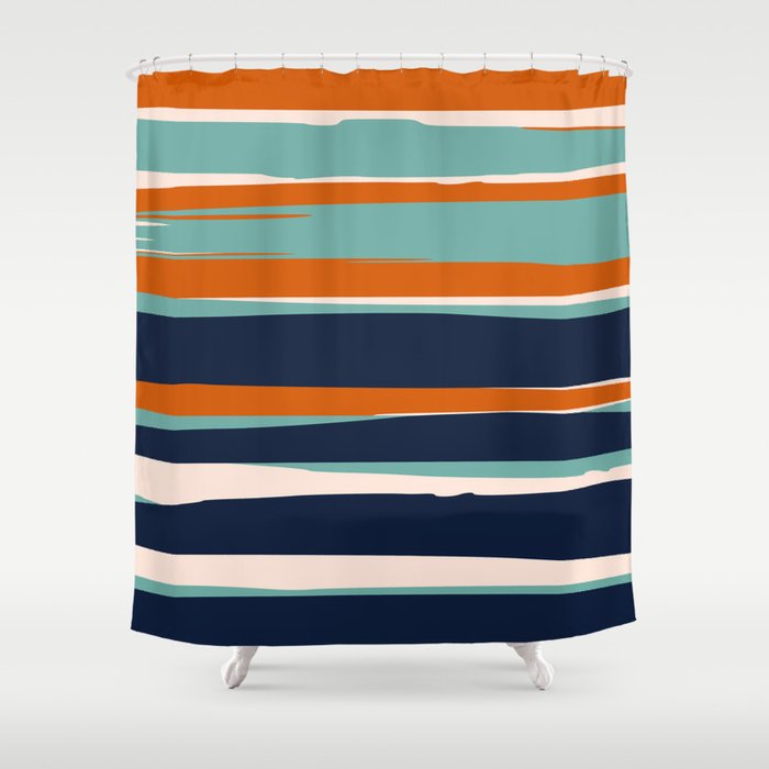 Stripes Abstract, Orange, Teal, Navy Shower Curtain Gallery Image 1