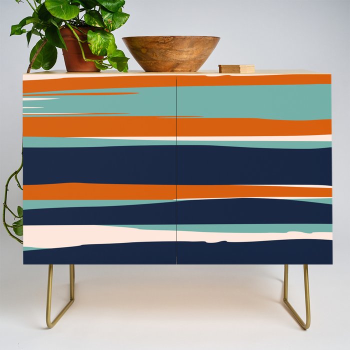 Stripes Abstract, Orange, Teal, Navy Credenza Gallery Image 1