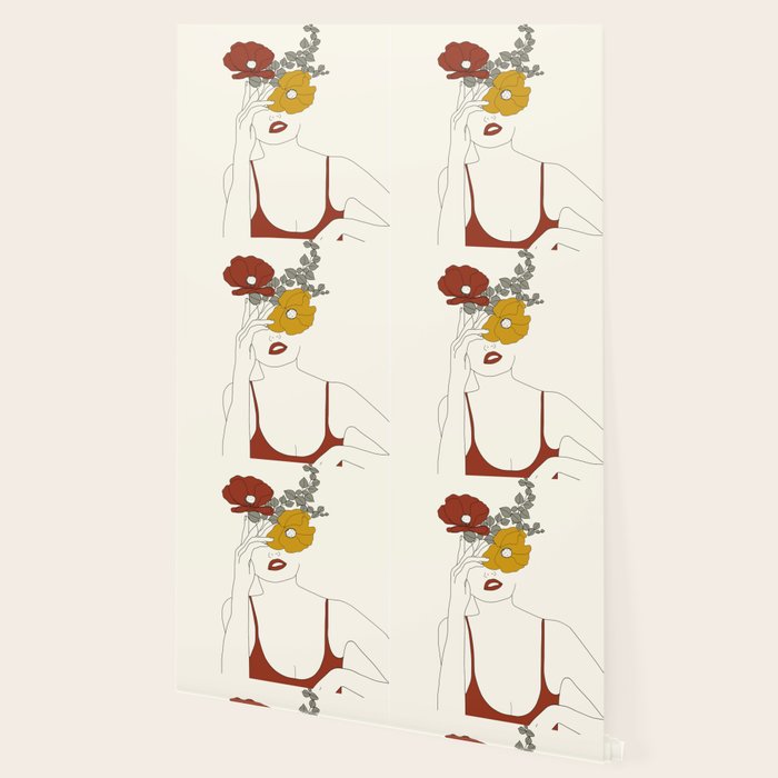 Colorful Thoughts Minimal Line Art Woman with Flowers II Wallpaper Gallery Image 2