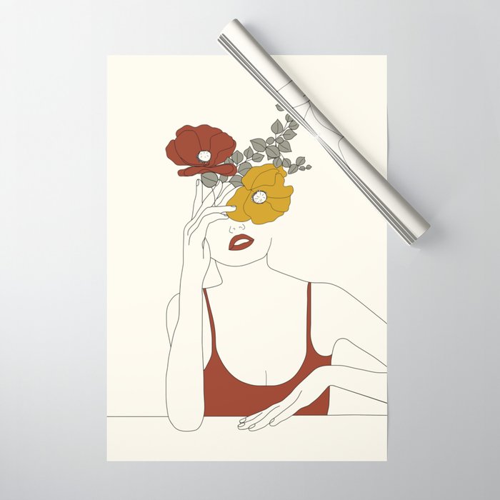 Colorful Thoughts Minimal Line Art Woman with Flowers II Wrapping Paper Gallery Image 1