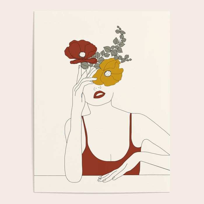 Colorful Thoughts Minimal Line Art Woman with Flowers II Poster Gallery Image 4