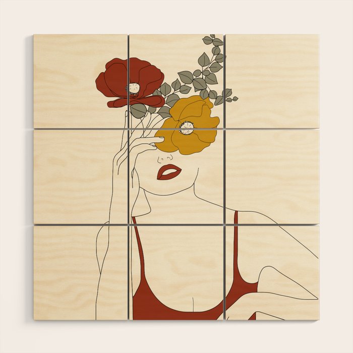 Colorful Thoughts Minimal Line Art Woman with Flowers II Wood Wall Art Gallery Image 1