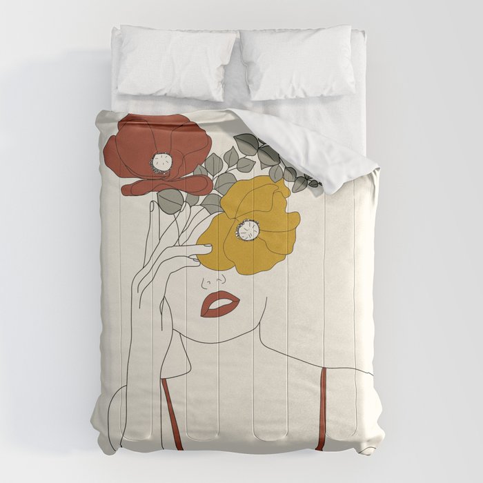 Colorful Thoughts Minimal Line Art Woman with Flowers II Comforter Gallery Image 6
