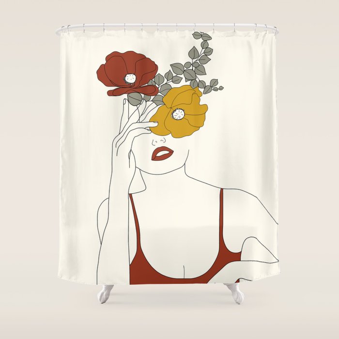 Colorful Thoughts Minimal Line Art Woman with Flowers II Shower Curtain Gallery Image 1