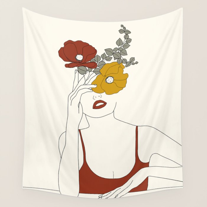 Colorful Thoughts Minimal Line Art Woman with Flowers II Wall Tapestry Gallery Image 1