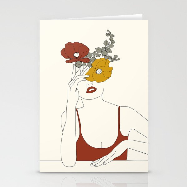 Colorful Thoughts Minimal Line Art Woman with Flowers II Stationery Card Gallery Image 2